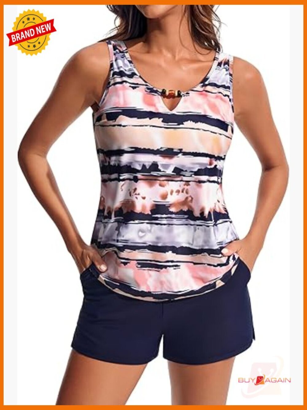 Tankini Set with Beads V-Neck Top, Swim Shorts Pockets, Adjustable Straps